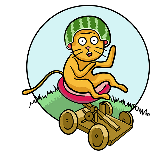 The original Kitty getting ready to launch from a wooden catapult