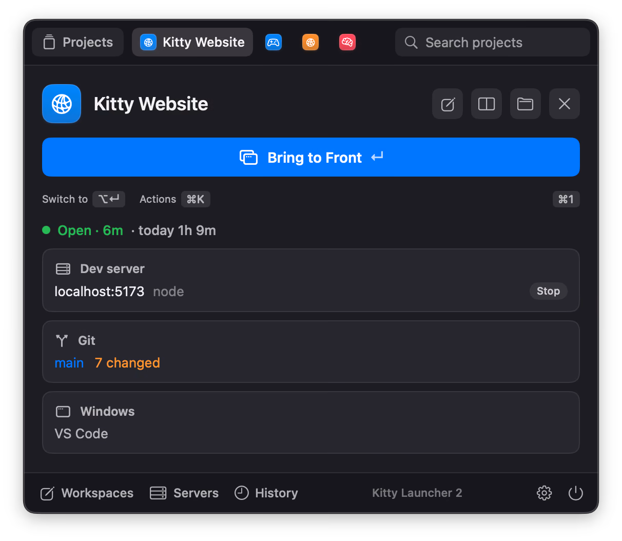Kitty Launcher’s menu bar panel showing the open project Kitty Website: open for 6 minutes, its dev server on localhost:5173 with a Stop button, git branch main with 7 changed files, its VS Code window, and Bring to Front, Switch to and Actions shortcuts