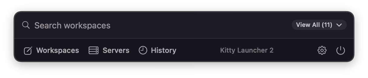 The launcher with nothing open: a search field, View All, and the Workspaces, Servers and History views