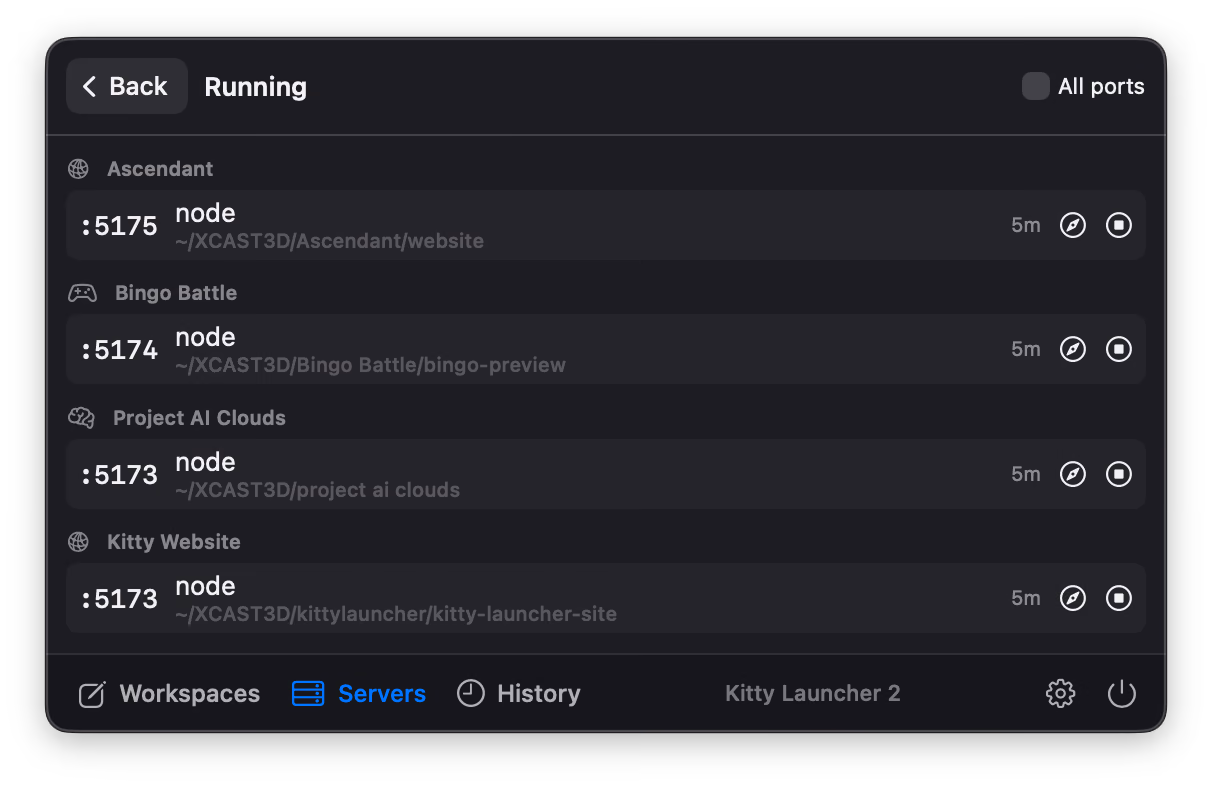 The Running view listing four dev servers by project, each with its port, how long it has been running, and open-in-browser and stop buttons