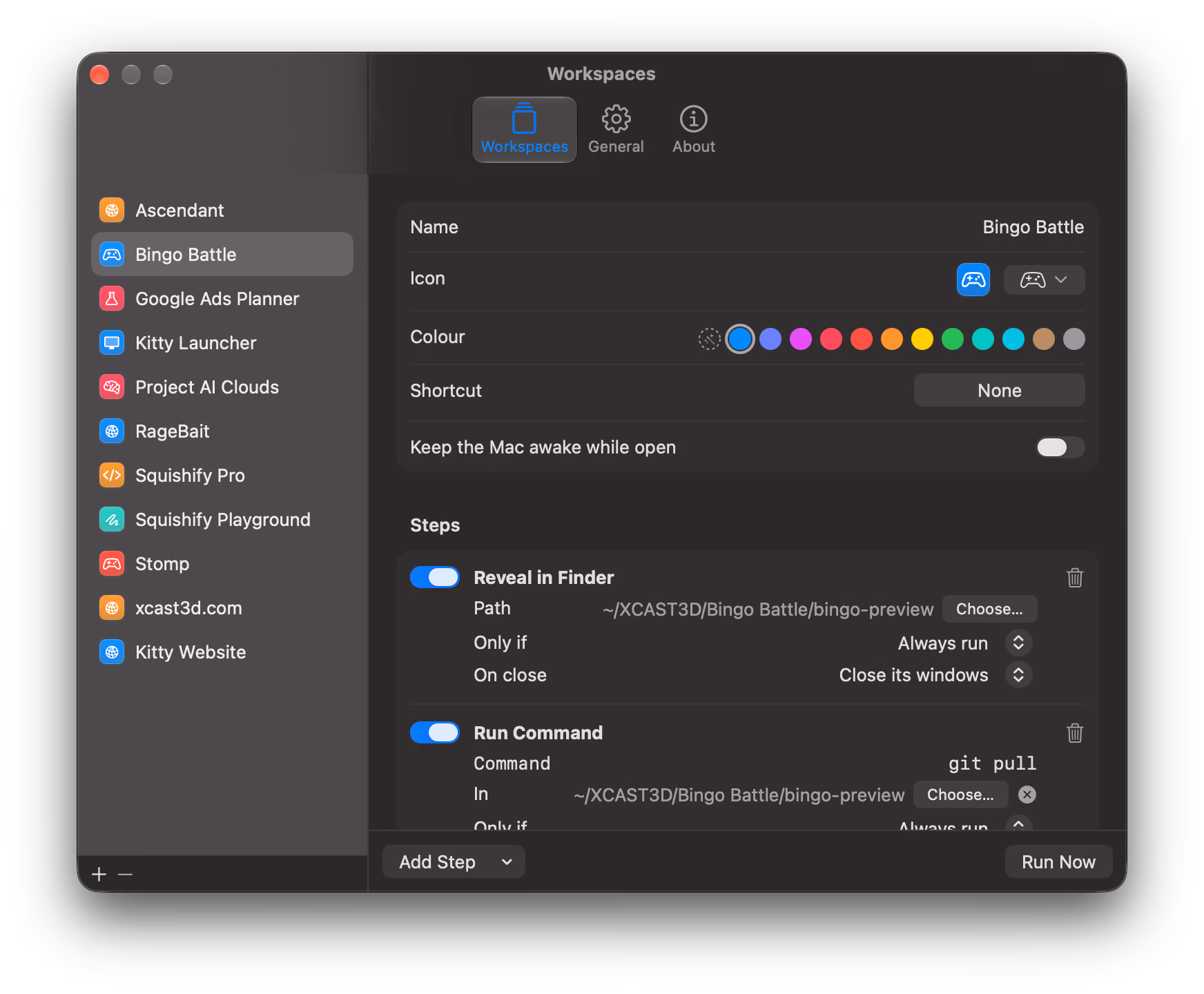 The Workspaces window editing Bingo Battle: name, icon, colour, shortcut and keep-awake settings, then steps to reveal the project in Finder and run git pull in its folder